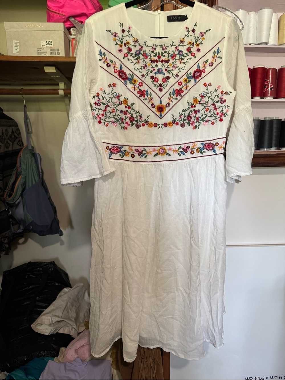 Roolee White Midi Dress with Multicolor Floral Embroidery
